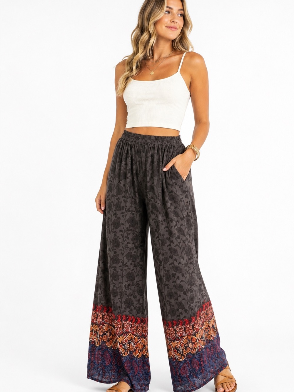 Earthy Bohemian Wide Leg Pants Elastic Waist Medium